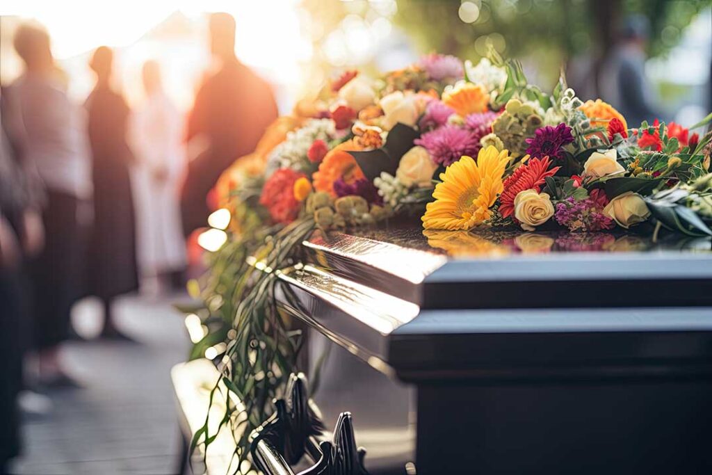 Family members arrange photographs, handwritten notes, and keepsakes on a memorial table.